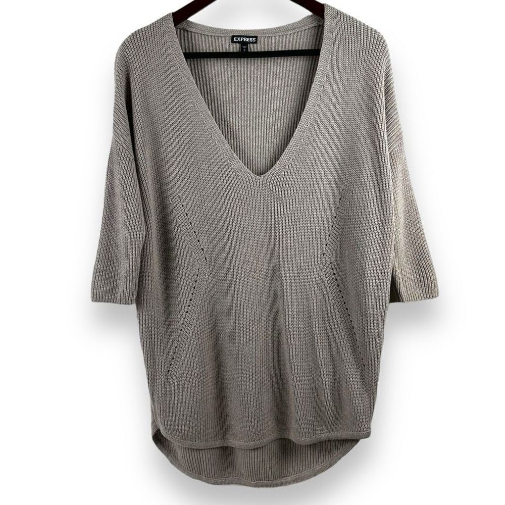 Express Women's Size S‎ Beige Knit Tunic Sweater Short Sleeve Vneck Relaxed Fit
